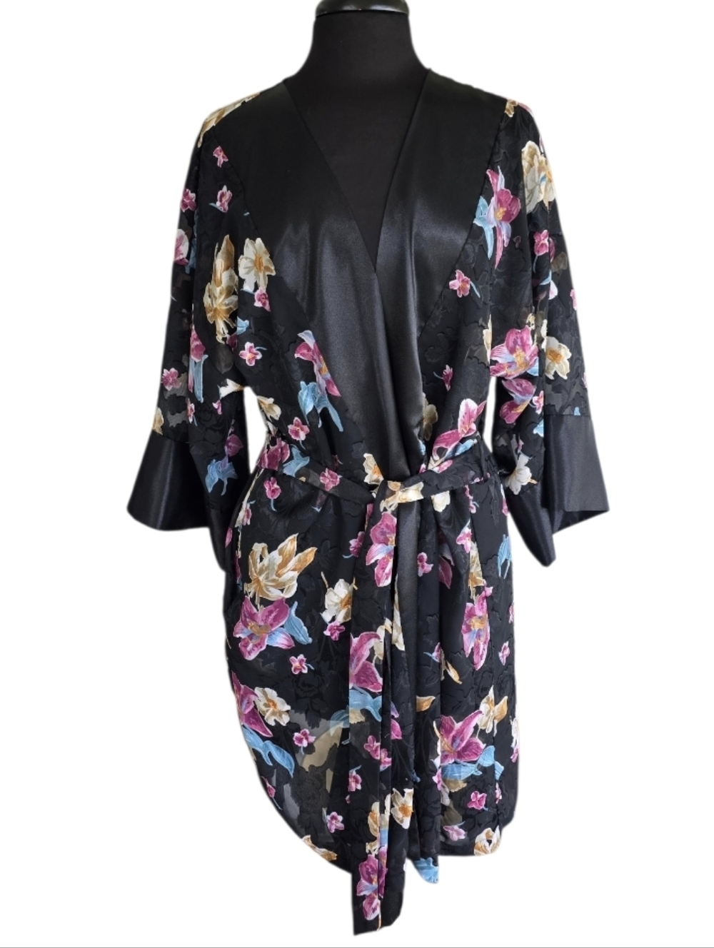 Vintage La Intimates Black Floral Satin Kimono Robe with Pink Blue Hippie Boho
